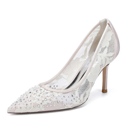 Bridal Shoes for Women with Crystals Lace Pointed Toe and Stiletto Heel