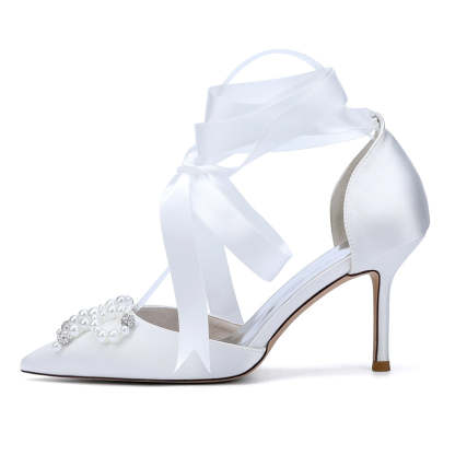 Bridal High Heel Shoes for Women with Pointed Toe Ankle Straps and Fancy Pearl & Bowknot