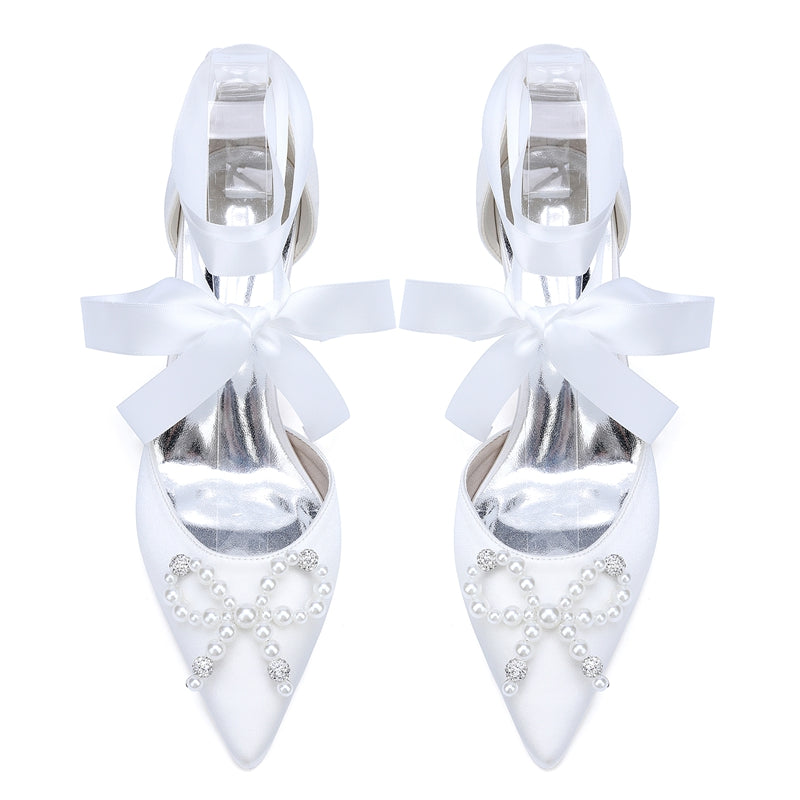Bridal Shoes for Women with Mid Heel Closed Toe Ankle Straps Pearls & Rhinestones Bowknot