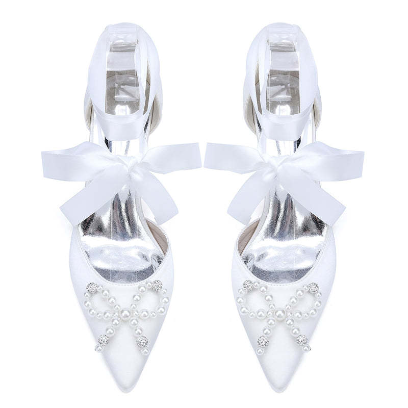 Bridal Shoes for Women with Mid Heel Closed Toe Ankle Straps Pearls & Rhinestones Bowknot