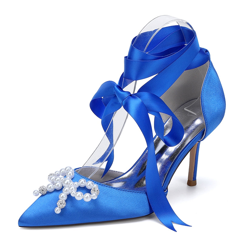 Bridal High Heel Shoes for Women with Pointed Toe Ankle Straps and Fancy Pearl & Bowknot