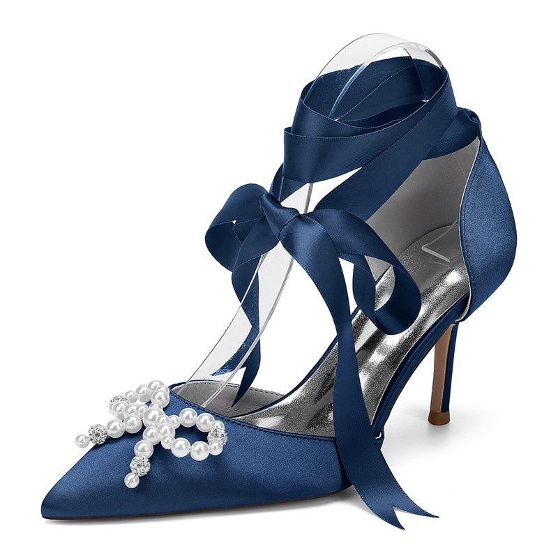 Bridal High Heel Shoes for Women with Pointed Toe Ankle Straps and Fancy Pearl & Bowknot