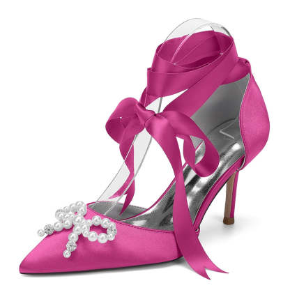 Bridal High Heel Shoes for Women with Pointed Toe Ankle Straps and Fancy Pearl & Bowknot
