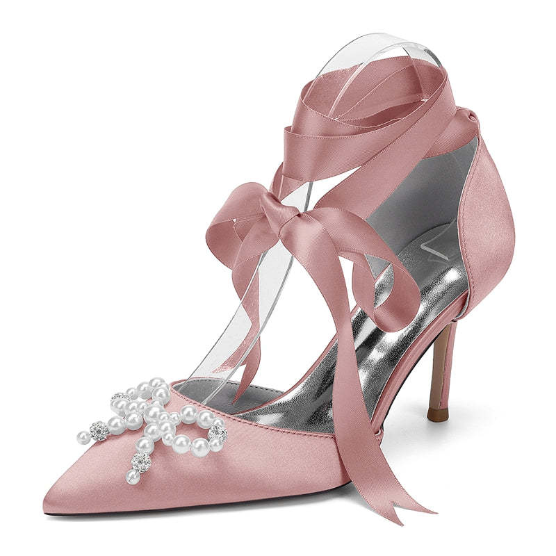 Bridal High Heel Shoes for Women with Pointed Toe Ankle Straps and Fancy Pearl & Bowknot