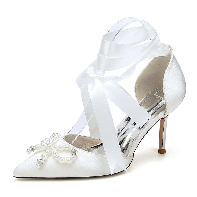 Bridal High Heel Shoes for Women with Pointed Toe Ankle Straps and Fancy Pearl & Bowknot