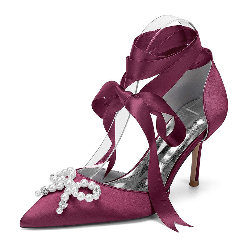 Bridal High Heel Shoes for Women with Pointed Toe Ankle Straps and Fancy Pearl & Bowknot