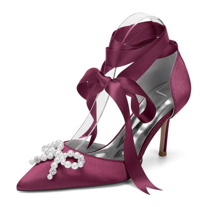 Bridal High Heel Shoes for Women with Pointed Toe Ankle Straps and Fancy Pearl & Bowknot
