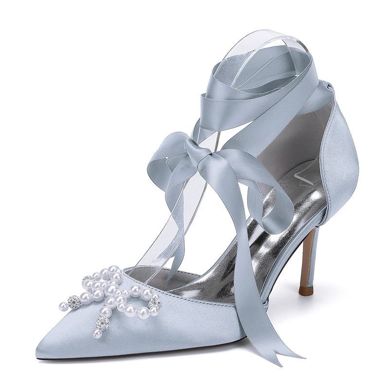 Bridal High Heel Shoes for Women with Pointed Toe Ankle Straps and Fancy Pearl & Bowknot