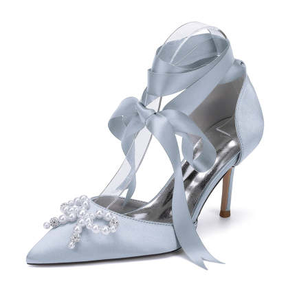Bridal High Heel Shoes for Women with Pointed Toe Ankle Straps and Fancy Pearl & Bowknot