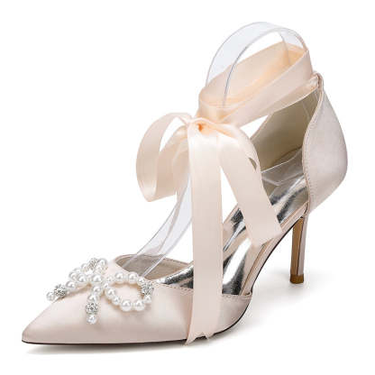 Bridal High Heel Shoes for Women with Pointed Toe Ankle Straps and Fancy Pearl & Bowknot