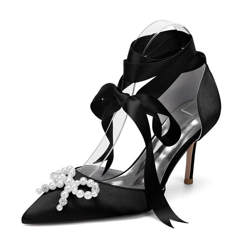 Bridal High Heel Shoes for Women with Pointed Toe Ankle Straps and Fancy Pearl & Bowknot