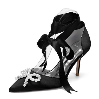 Bridal High Heel Shoes for Women with Pointed Toe Ankle Straps and Fancy Pearl & Bowknot