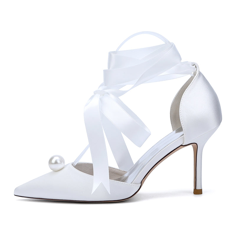Bridal Stiletto Heels with Ankle Straps and Pearl for Women