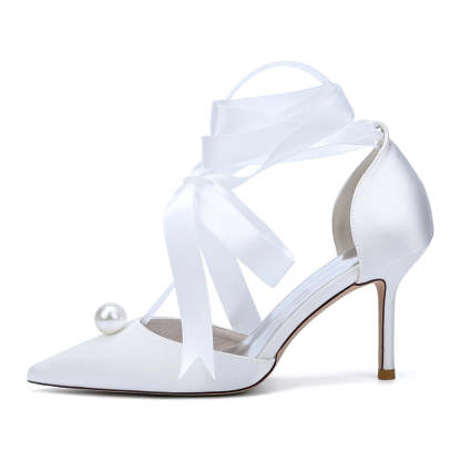 Bridal Stiletto Heels with Ankle Straps and Pearl for Women