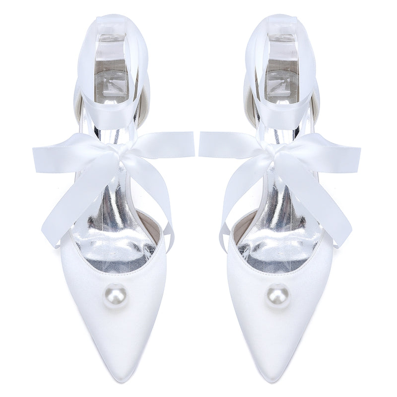 Bridal Shoes for Women with Ankle Straps and Pearl Mid Heel Pointed Toe
