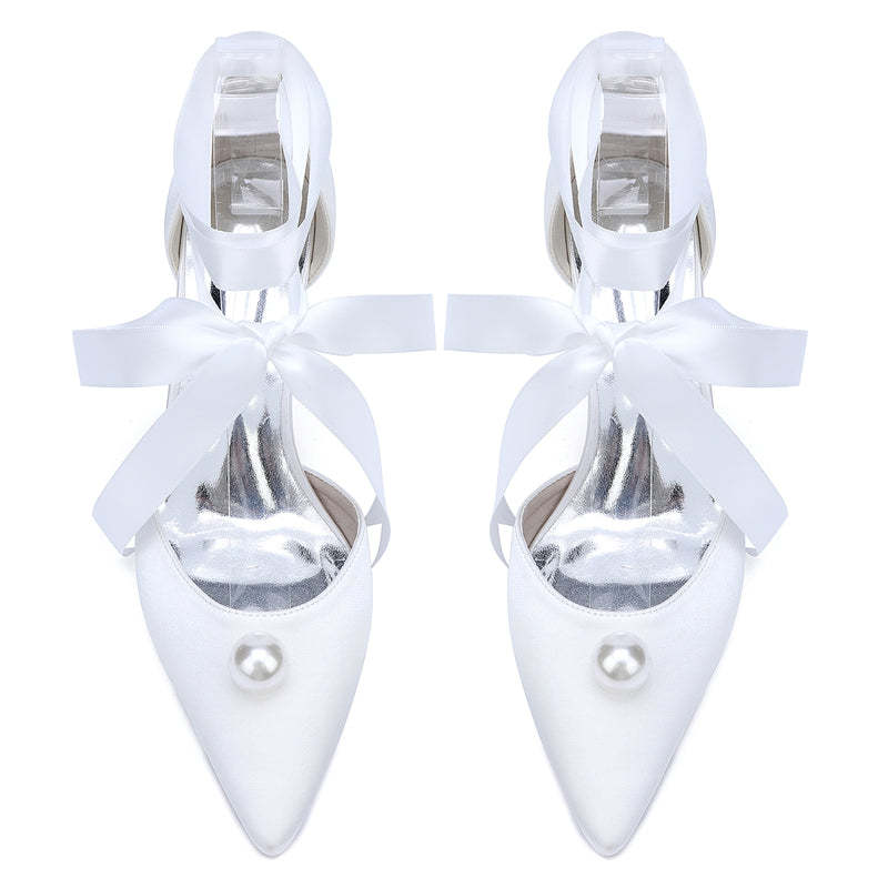 Bridal Shoes for Women with Ankle Straps and Pearl Mid Heel Pointed Toe