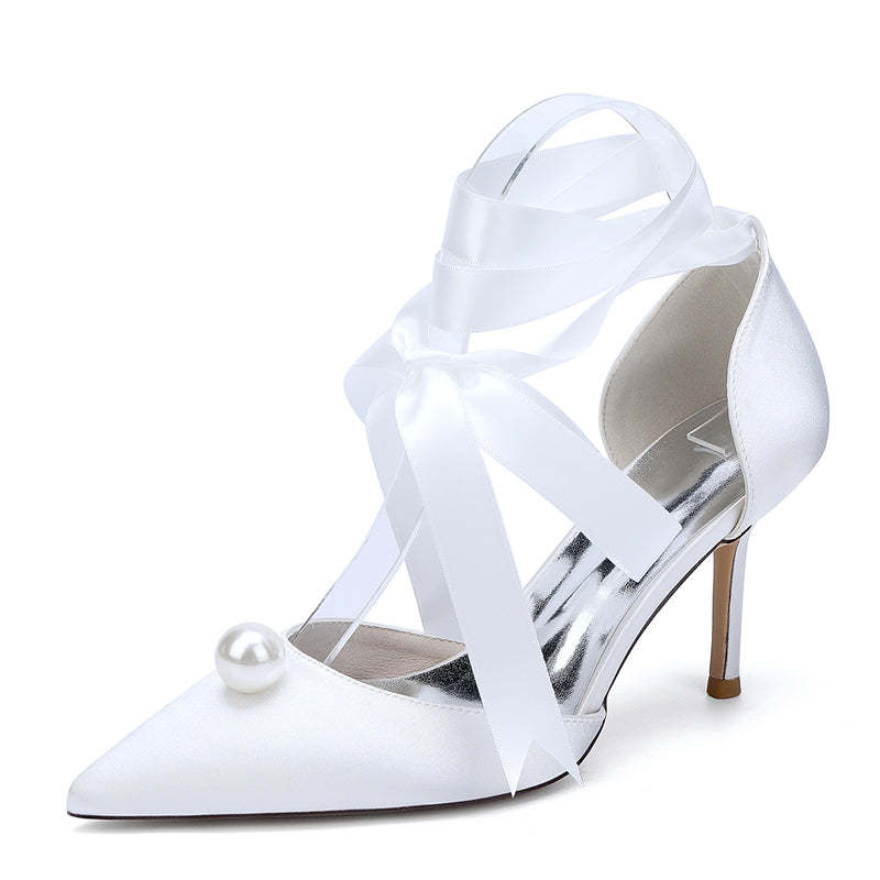 Bridal Stiletto Heels with Ankle Straps and Pearl for Women