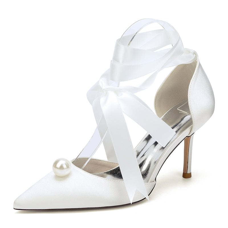 Bridal Stiletto Heels with Ankle Straps and Pearl for Women