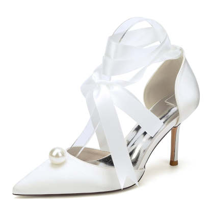 Bridal Stiletto Heels with Ankle Straps and Pearl for Women