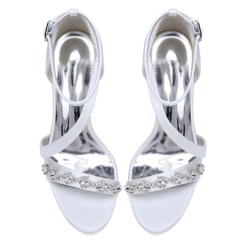 Bridal Stiletto Heel Shoes for Women with Slanted Straps Opened Toe and Rhinestone Buckle