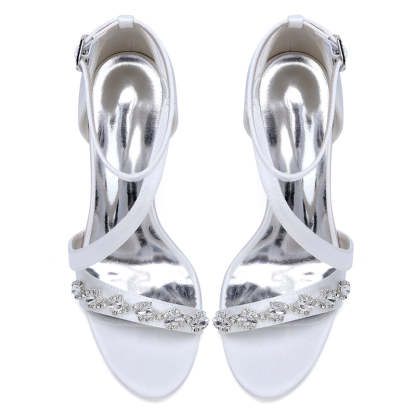 Bridal Stiletto Heel Shoes for Women with Slanted Straps Opened Toe and Rhinestone Buckle