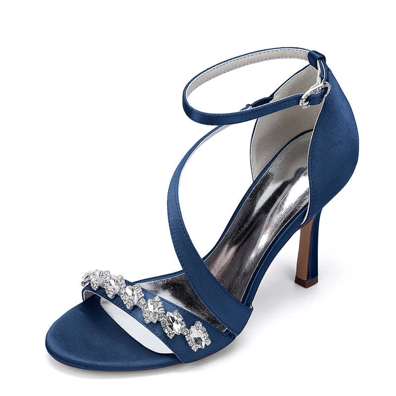 Bridal Stiletto Heel Shoes for Women with Slanted Straps Opened Toe and Rhinestone Buckle