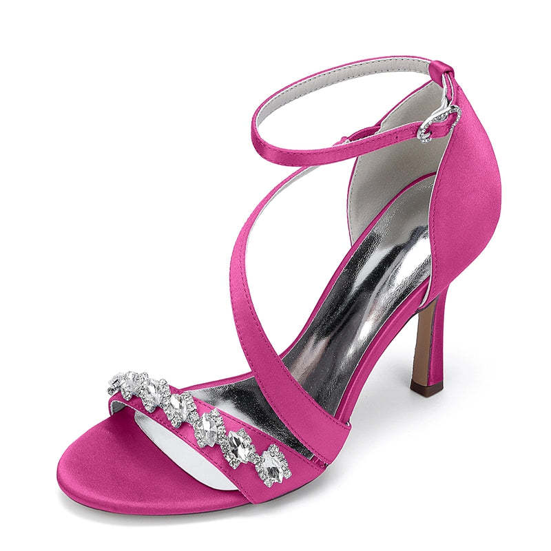 Bridal Stiletto Heel Shoes for Women with Slanted Straps Opened Toe and Rhinestone Buckle