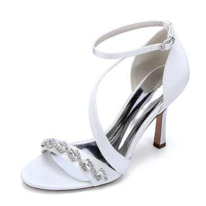 Bridal Stiletto Heel Shoes for Women with Slanted Straps Opened Toe and Rhinestone Buckle