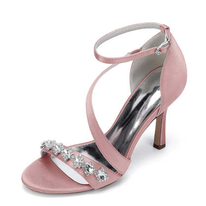 Bridal Stiletto Heel Shoes for Women with Slanted Straps Opened Toe and Rhinestone Buckle