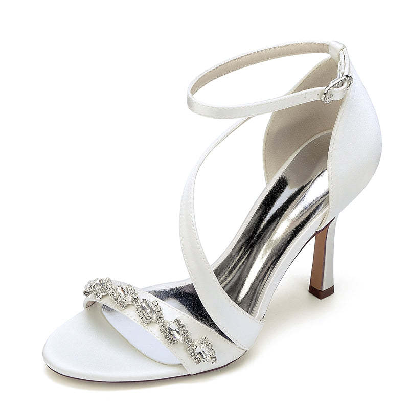 Bridal Stiletto Heel Shoes for Women with Slanted Straps Opened Toe and Rhinestone Buckle