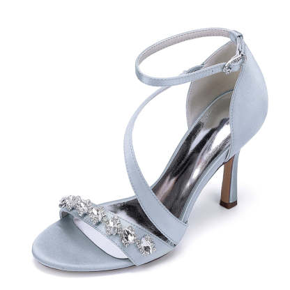 Bridal Stiletto Heel Shoes for Women with Slanted Straps Opened Toe and Rhinestone Buckle