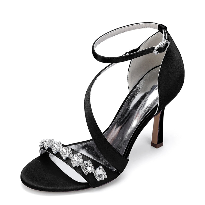 Bridal Stiletto Heel Shoes for Women with Slanted Straps Opened Toe and Rhinestone Buckle