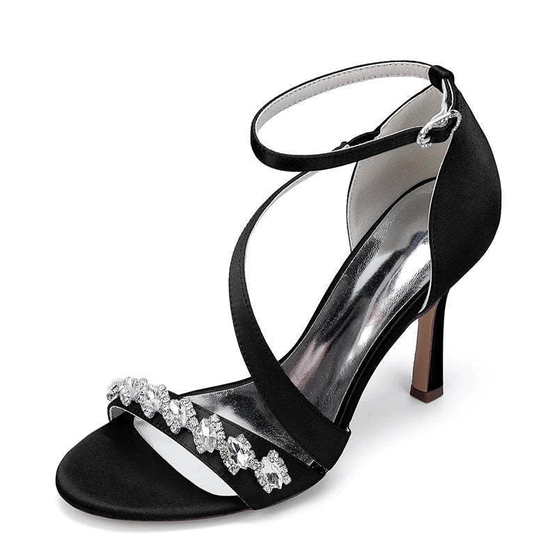 Bridal Stiletto Heel Shoes for Women with Slanted Straps Opened Toe and Rhinestone Buckle
