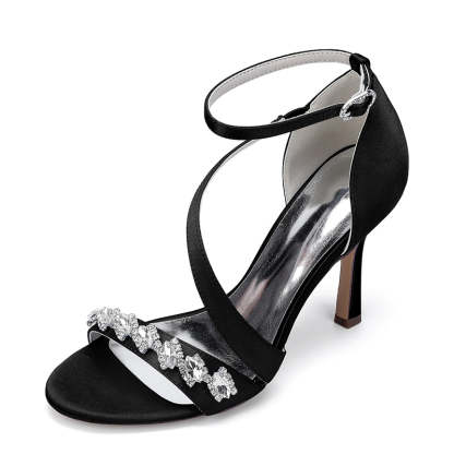 Bridal Stiletto Heel Shoes for Women with Slanted Straps Opened Toe and Rhinestone Buckle
