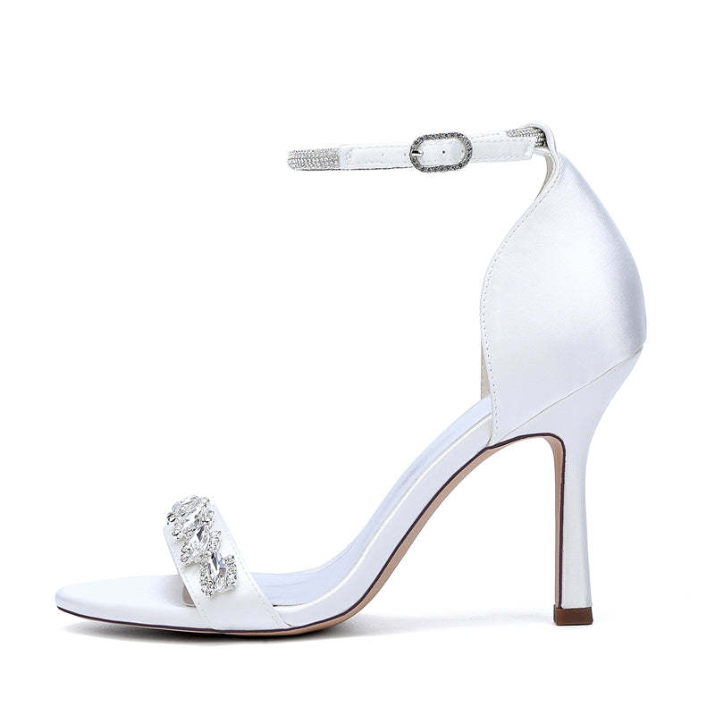 Bridal Stiletto Heel Shoes for Women with Open Toe and Rhinestone Buckle