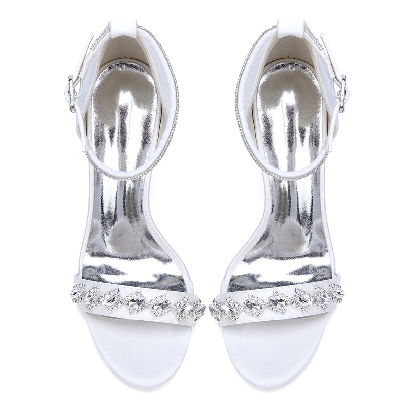 Bridal Stiletto Heel Shoes for Women with Open Toe and Rhinestone Buckle