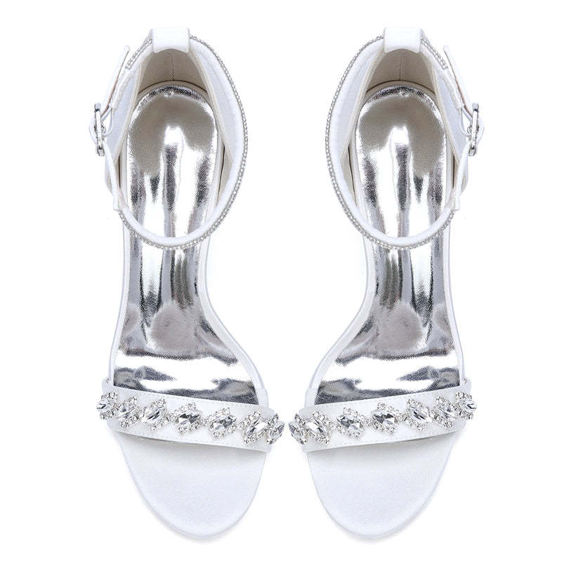 Bridal Stiletto Heel Shoes for Women with Open Toe and Rhinestone Buckle