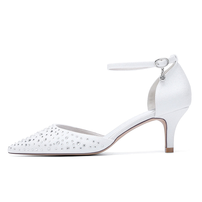 Bridal Shoes for Women with Sparkling Crystals Mid Heel and Buckle on Pointed Toe