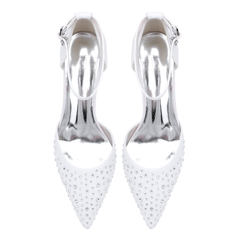 Bridal Shoes for Women with Sparkling Crystals Mid Heel and Buckle on Pointed Toe