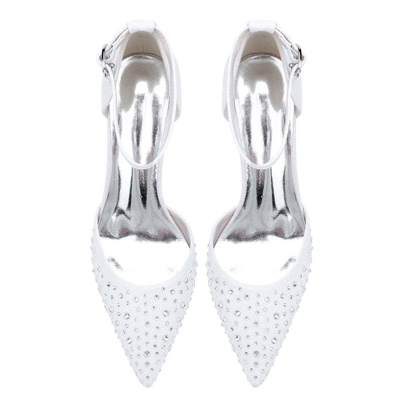 Bridal Shoes for Women with Sparkling Crystals Mid Heel and Buckle on Pointed Toe