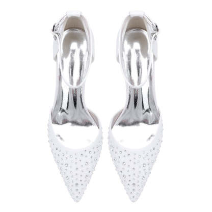 Bridal Shoes for Women with Sparkling Crystals Mid Heel and Buckle on Pointed Toe