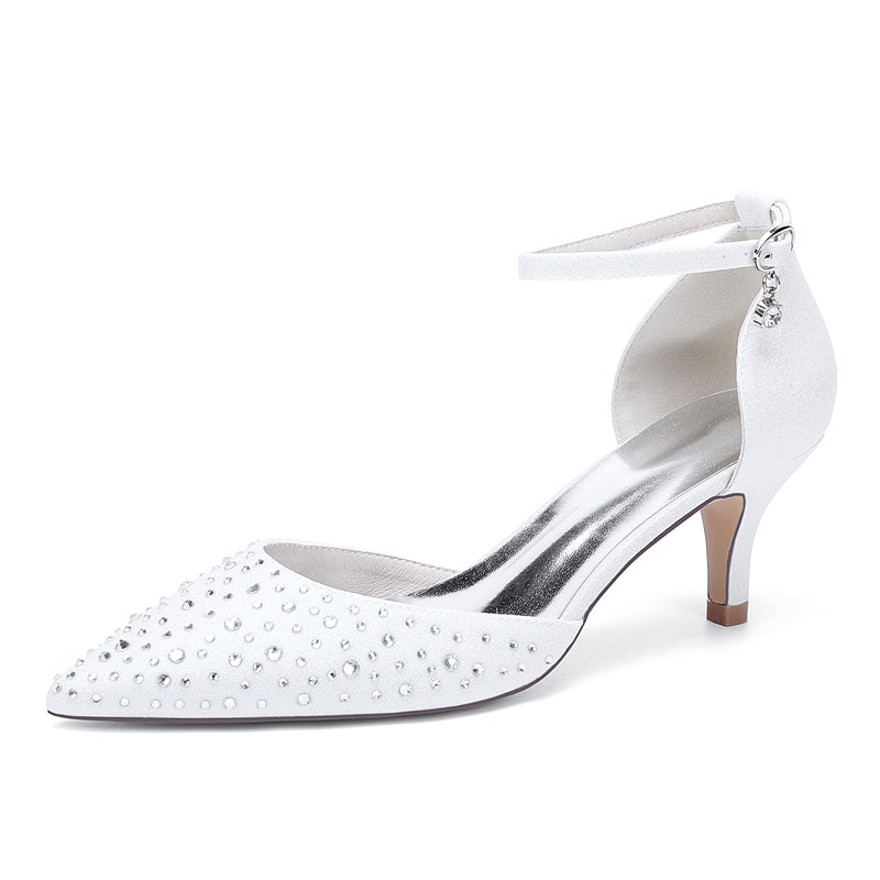 Bridal Shoes for Women with Sparkling Crystals Mid Heel and Buckle on Pointed Toe