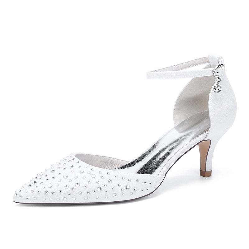 Bridal Shoes for Women with Sparkling Crystals Mid Heel and Buckle on Pointed Toe