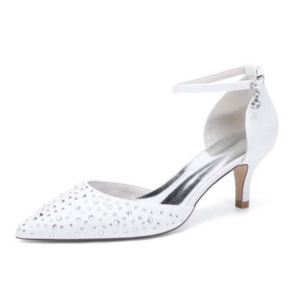 Bridal Shoes for Women with Sparkling Crystals Mid Heel and Buckle on Pointed Toe