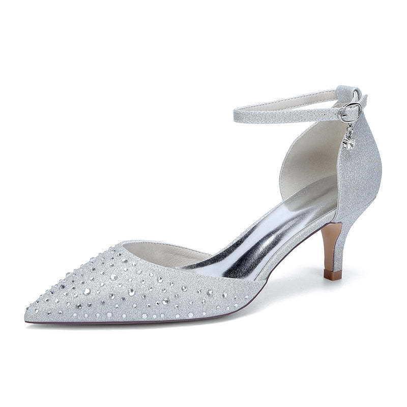 Bridal Shoes for Women with Sparkling Crystals Mid Heel and Buckle on Pointed Toe
