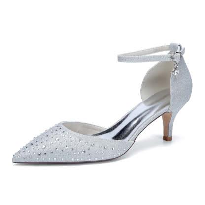Bridal Shoes for Women with Sparkling Crystals Mid Heel and Buckle on Pointed Toe