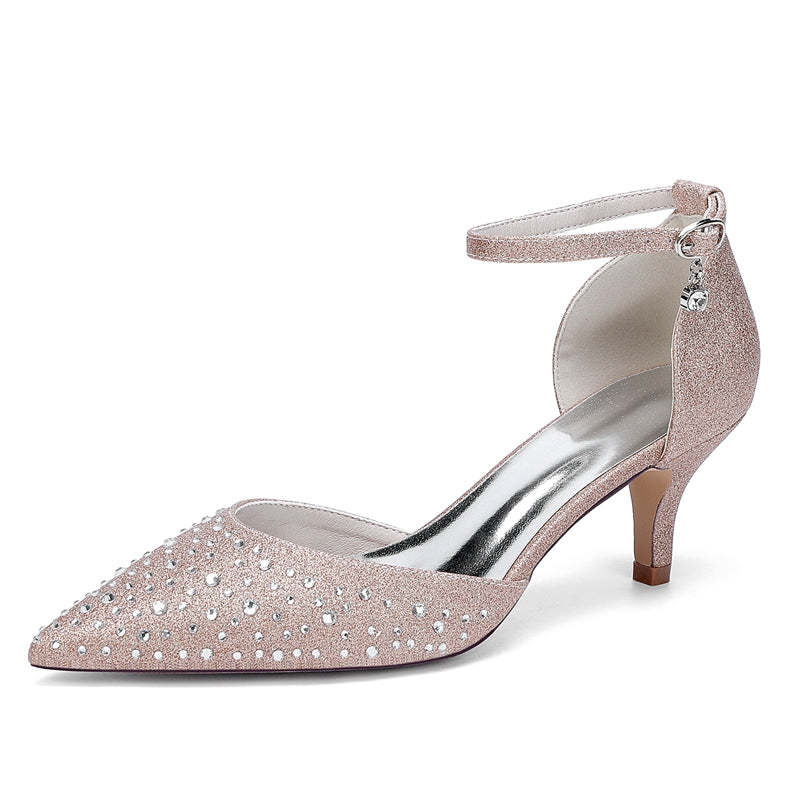 Bridal Shoes for Women with Sparkling Crystals Mid Heel and Buckle on Pointed Toe