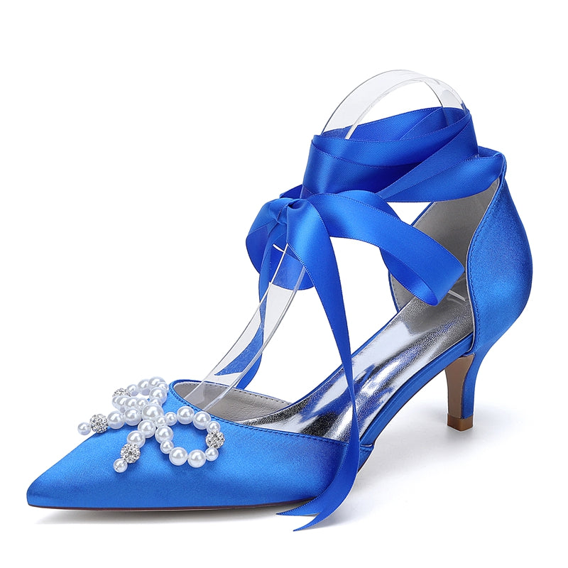 Bridal Shoes for Women with Mid Heel Closed Toe Ankle Straps Pearls & Rhinestones Bowknot