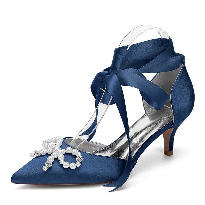 Bridal Shoes for Women with Mid Heel Closed Toe Ankle Straps Pearls & Rhinestones Bowknot