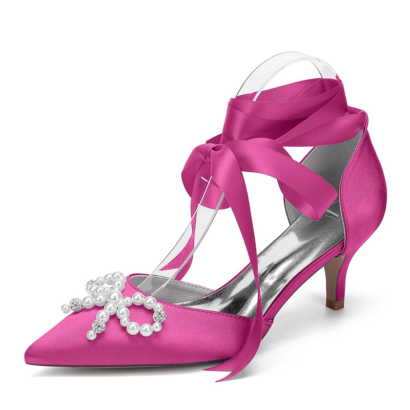 Bridal Shoes for Women with Mid Heel Closed Toe Ankle Straps Pearls & Rhinestones Bowknot